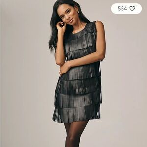 Anthropologie Siempre Faux Leather Fringe Shift Dress Black Size XS